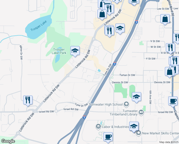 map of restaurants, bars, coffee shops, grocery stores, and more near 1526 Bishop Road Southwest in Tumwater