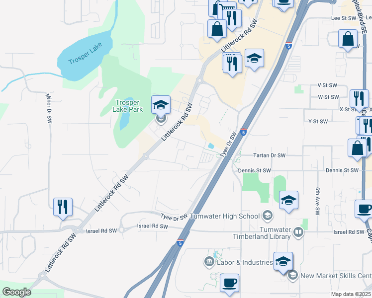 map of restaurants, bars, coffee shops, grocery stores, and more near 1631 Bishop Road Southwest in Tumwater