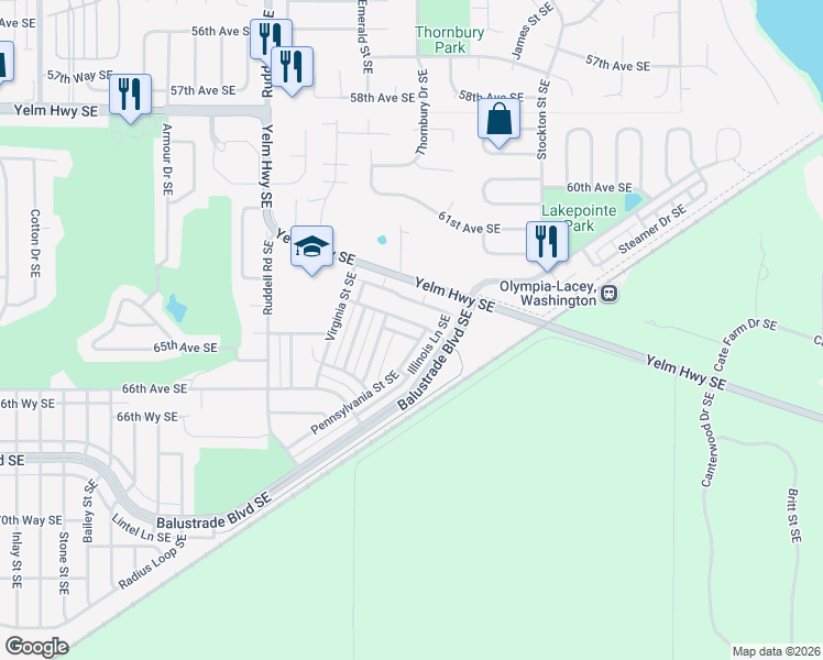 map of restaurants, bars, coffee shops, grocery stores, and more near 6027 Delaware Avenue Southeast in Lacey
