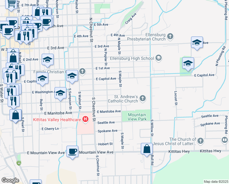 map of restaurants, bars, coffee shops, grocery stores, and more near 908 East Washington Avenue in Ellensburg