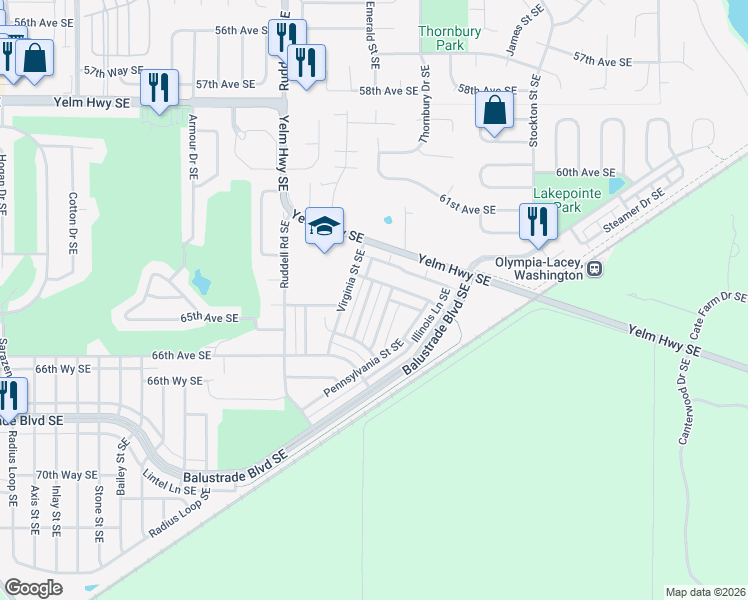 map of restaurants, bars, coffee shops, grocery stores, and more near 6516 Indiana Street Southeast in Lacey