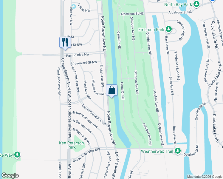 map of restaurants, bars, coffee shops, grocery stores, and more near 310 Point Brown Avenue Northwest in Ocean Shores