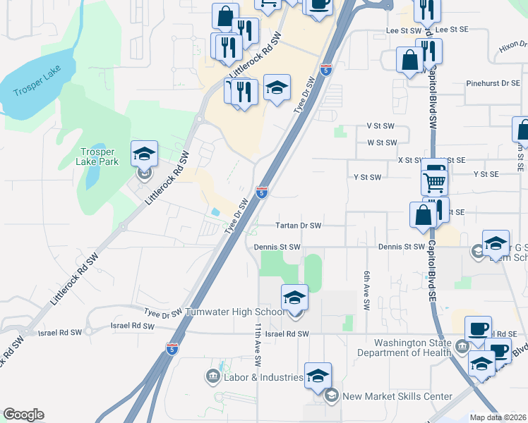 map of restaurants, bars, coffee shops, grocery stores, and more near 912 Bonnie Lane Southwest in Tumwater