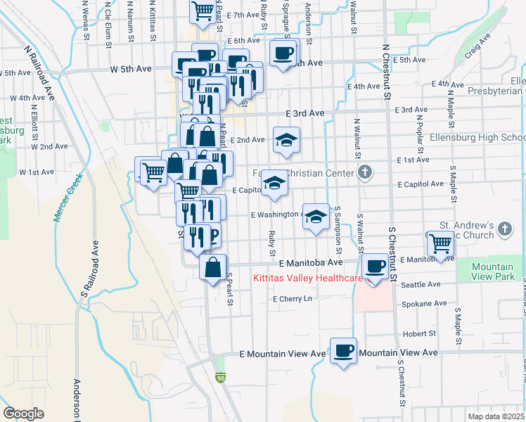 map of restaurants, bars, coffee shops, grocery stores, and more near 211 Ruby Street in Ellensburg
