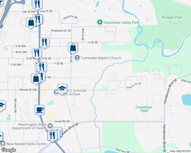 map of restaurants, bars, coffee shops, grocery stores, and more near 702 Z Street Southeast in Tumwater