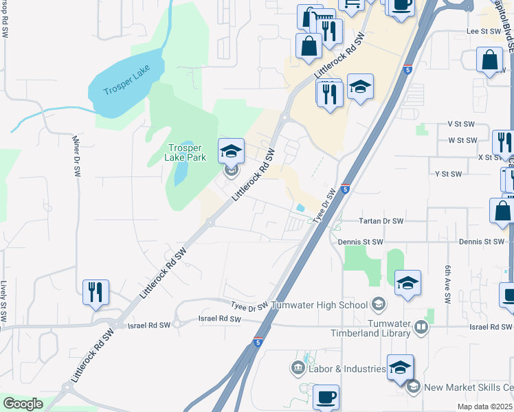 map of restaurants, bars, coffee shops, grocery stores, and more near 1631 Bishop Road Southwest in Tumwater
