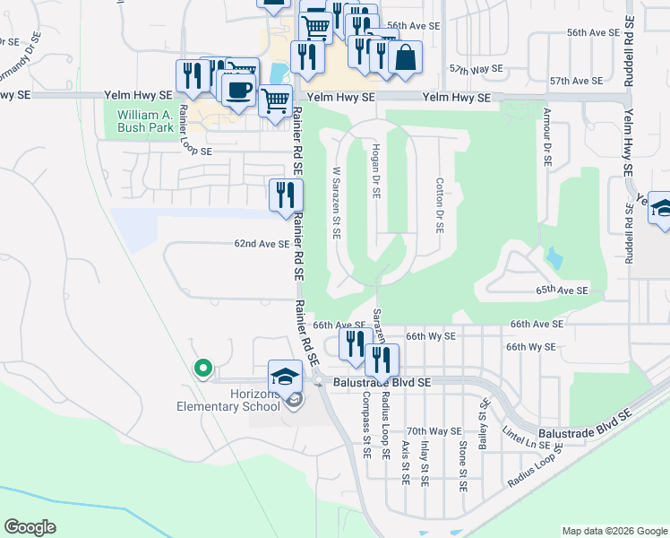 map of restaurants, bars, coffee shops, grocery stores, and more near 6411 West Sarazen Street Southeast in Olympia