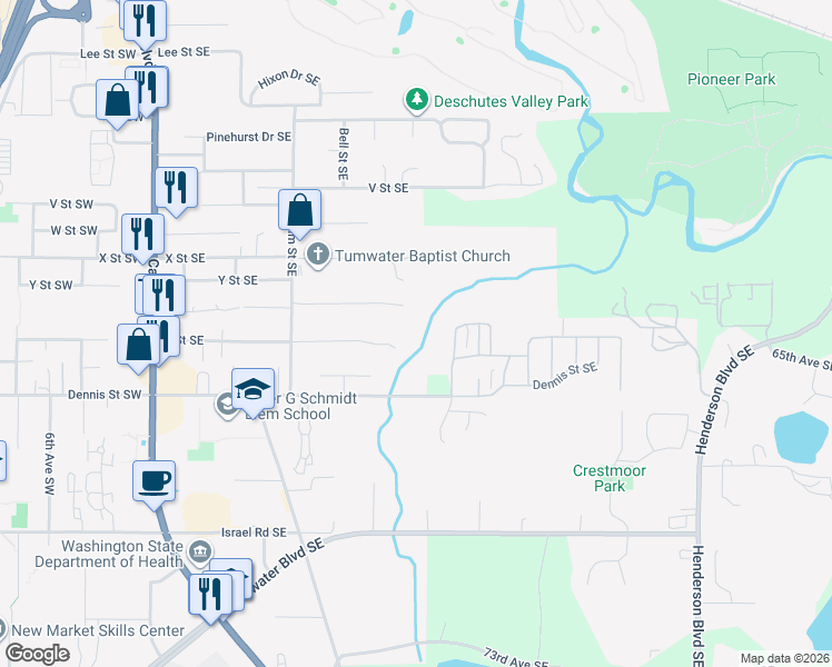 map of restaurants, bars, coffee shops, grocery stores, and more near 702 Z Street Southeast in Tumwater