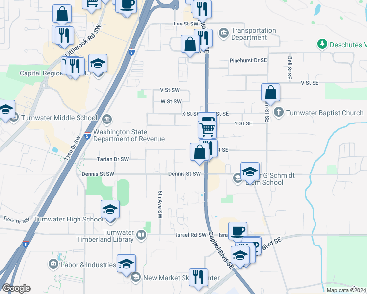 map of restaurants, bars, coffee shops, grocery stores, and more near 214 65th Way Southwest in Tumwater