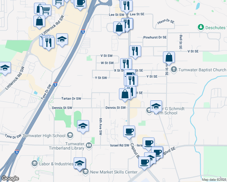 map of restaurants, bars, coffee shops, grocery stores, and more near 214B 65th Way Southwest in Tumwater