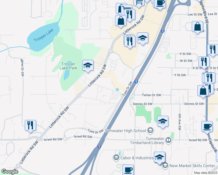 map of restaurants, bars, coffee shops, grocery stores, and more near 1526 Bishop Road Southwest in Tumwater