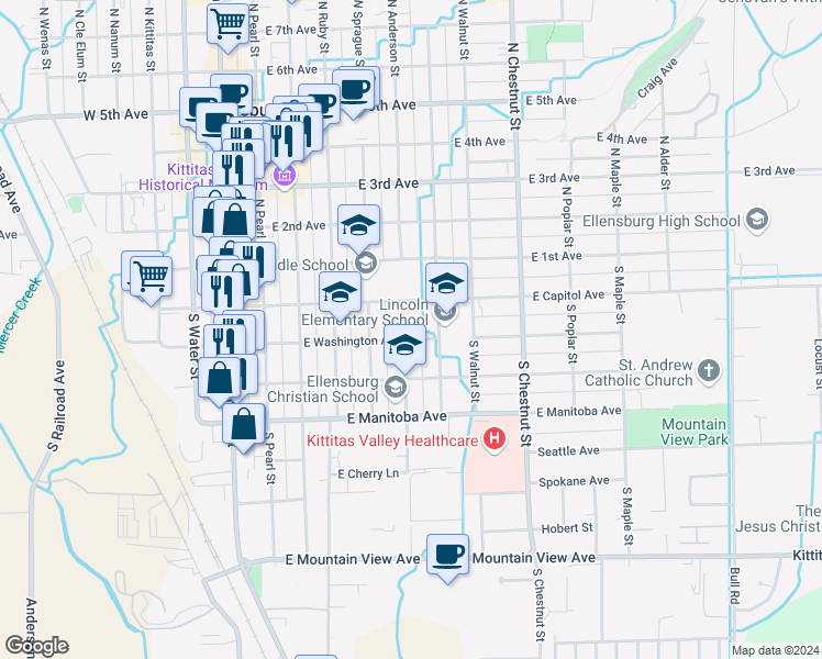 map of restaurants, bars, coffee shops, grocery stores, and more near 503 East Washington Avenue in Ellensburg