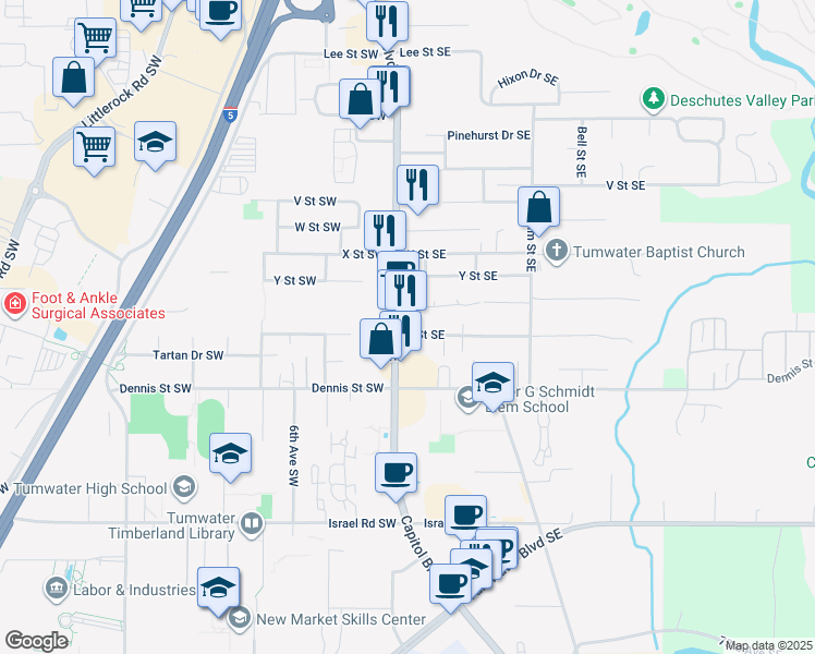 map of restaurants, bars, coffee shops, grocery stores, and more near 6450 Capitol Boulevard South in Tumwater