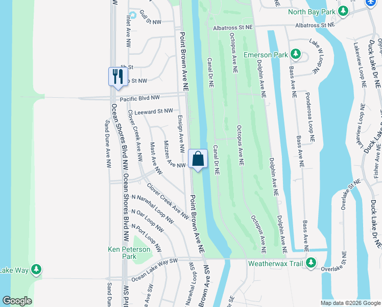 map of restaurants, bars, coffee shops, grocery stores, and more near 310 Point Brown Avenue Northwest in Ocean Shores