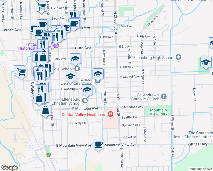 map of restaurants, bars, coffee shops, grocery stores, and more near 701 East Washington Avenue in Ellensburg