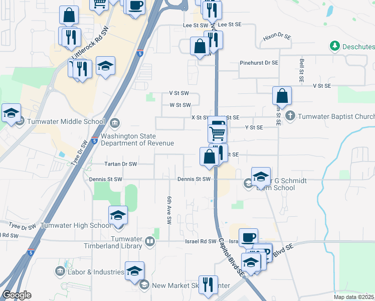 map of restaurants, bars, coffee shops, grocery stores, and more near 214B 65th Way Southwest in Tumwater