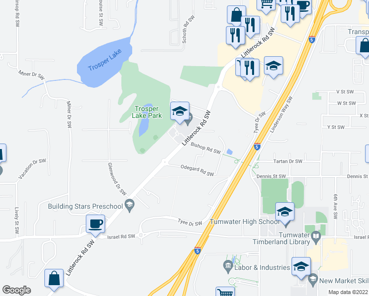 map of restaurants, bars, coffee shops, grocery stores, and more near 6416 Littlerock Road Southwest in Tumwater