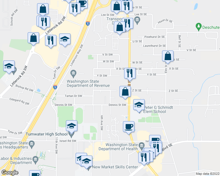 map of restaurants, bars, coffee shops, grocery stores, and more near 302 65th Way Southwest in Tumwater
