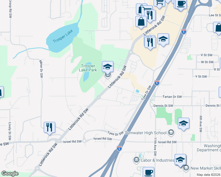 map of restaurants, bars, coffee shops, grocery stores, and more near 6416 Littlerock Road Southwest in Tumwater