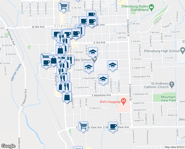 map of restaurants, bars, coffee shops, grocery stores, and more near 211 South Sprague Street in Ellensburg