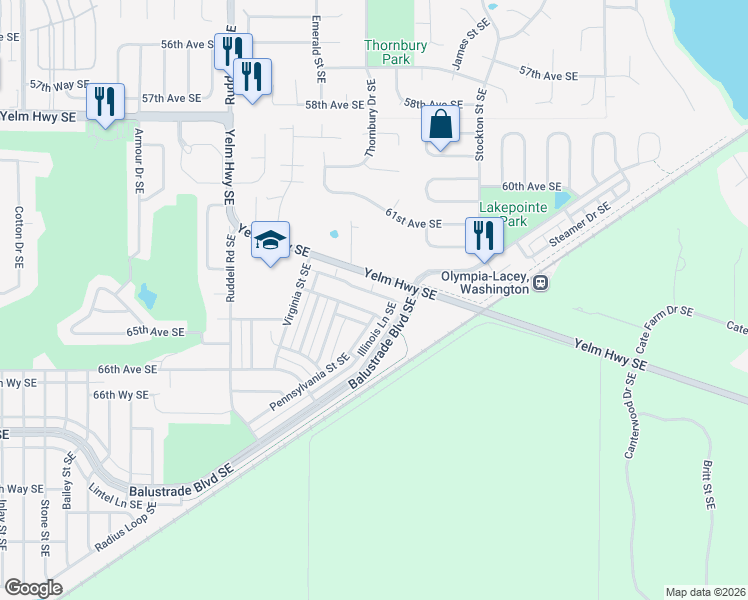 map of restaurants, bars, coffee shops, grocery stores, and more near 6063 Illinois Lane Southeast in Lacey