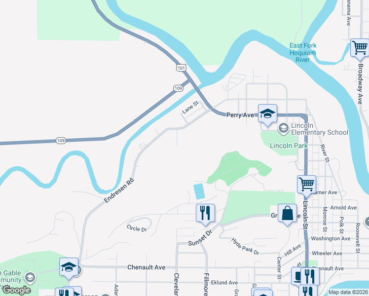map of restaurants, bars, coffee shops, grocery stores, and more near 1102 Tennis Court in Hoquiam