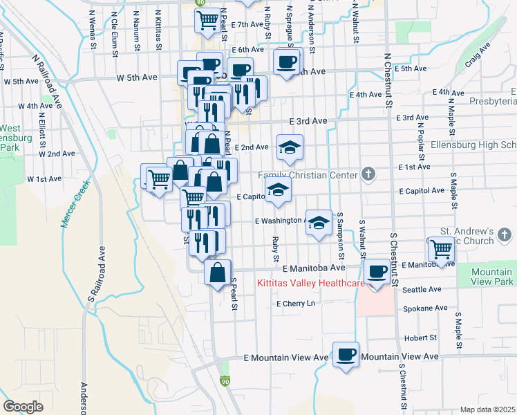 map of restaurants, bars, coffee shops, grocery stores, and more near 211 South Pine Street in Ellensburg