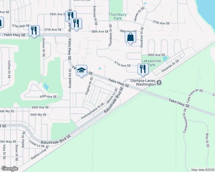 map of restaurants, bars, coffee shops, grocery stores, and more near 6041 Illinois Lane Southeast in Lacey