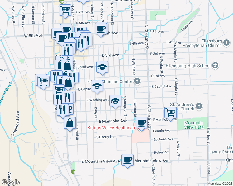 map of restaurants, bars, coffee shops, grocery stores, and more near 503 East Washington Avenue in Ellensburg
