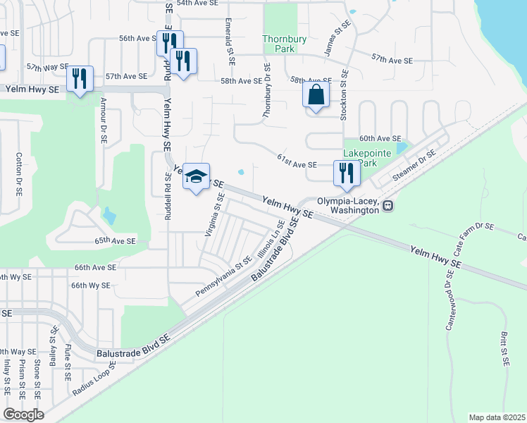 map of restaurants, bars, coffee shops, grocery stores, and more near 6015 Delaware Avenue Southeast in Lacey