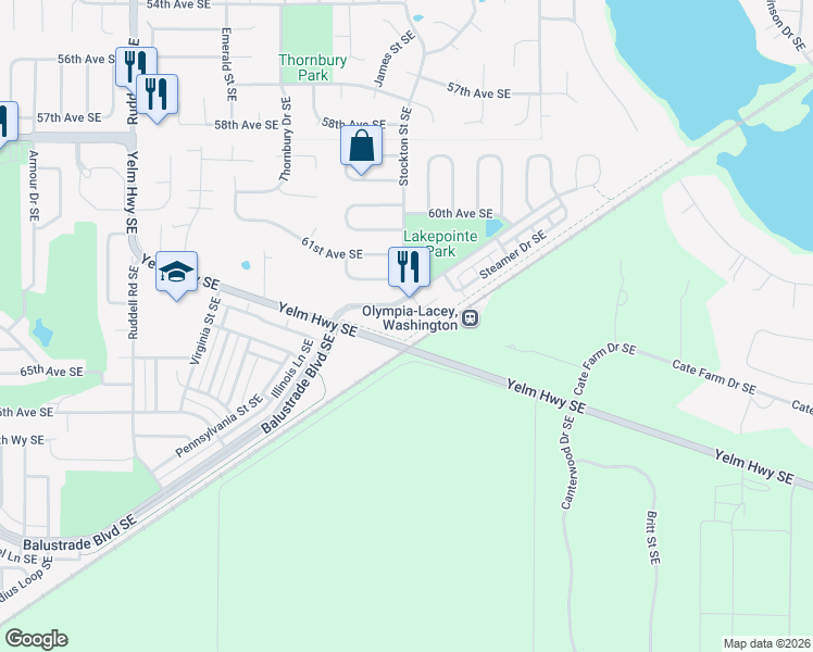 map of restaurants, bars, coffee shops, grocery stores, and more near 6312 Barstow Lane Southeast in Lacey