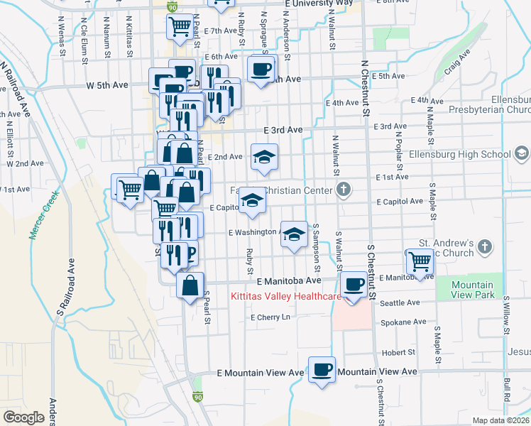 map of restaurants, bars, coffee shops, grocery stores, and more near 306 East Capitol Avenue in Ellensburg