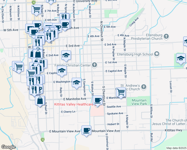 map of restaurants, bars, coffee shops, grocery stores, and more near 702 East Capitol Avenue in Ellensburg