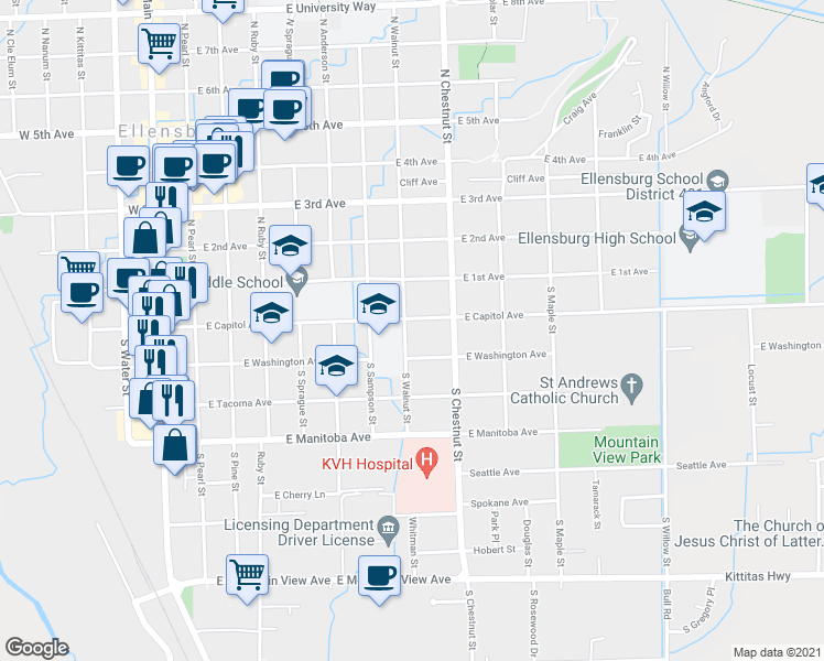 map of restaurants, bars, coffee shops, grocery stores, and more near 701 East Washington Avenue in Ellensburg