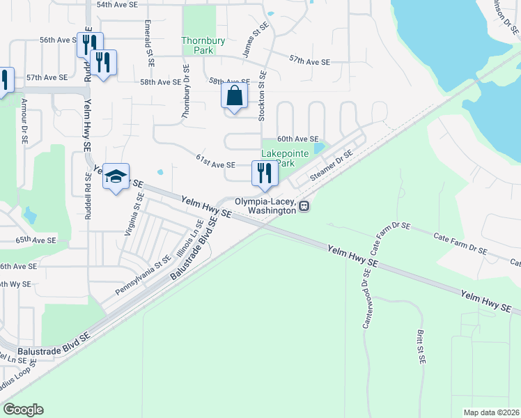 map of restaurants, bars, coffee shops, grocery stores, and more near 6312 Barstow Lane Southeast in Lacey