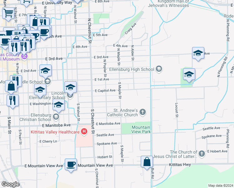 map of restaurants, bars, coffee shops, grocery stores, and more near 203 South Maple Street in Ellensburg