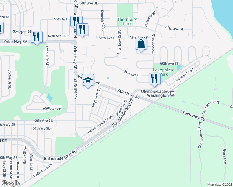 map of restaurants, bars, coffee shops, grocery stores, and more near 6038 Illinois Lane Southeast in Lacey