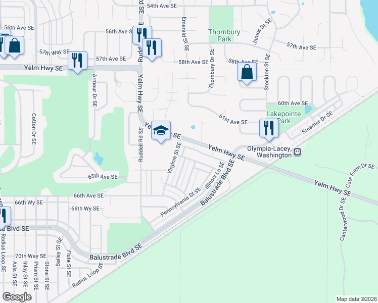 map of restaurants, bars, coffee shops, grocery stores, and more near 6007 Illinois Lane Southeast in Lacey