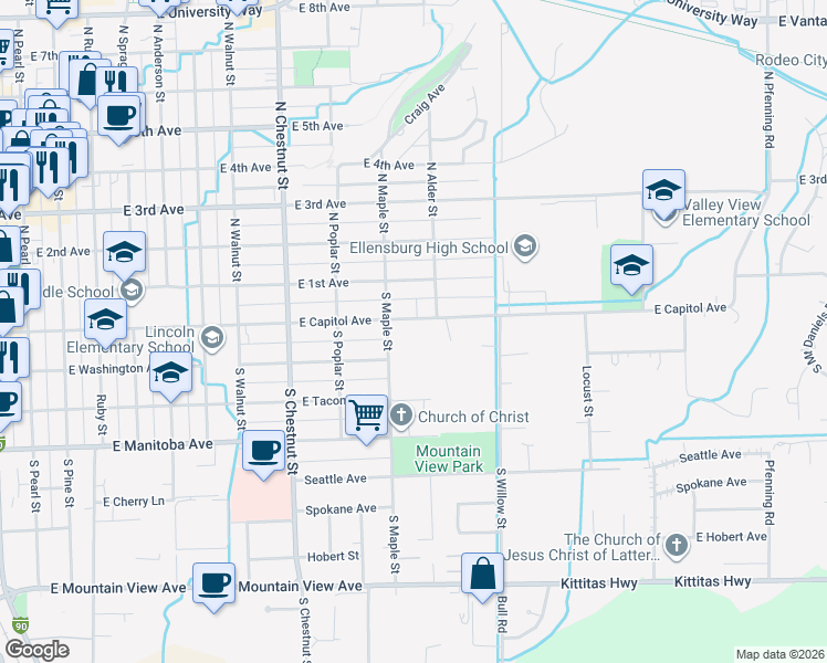 map of restaurants, bars, coffee shops, grocery stores, and more near 102 South Maple Street in Ellensburg