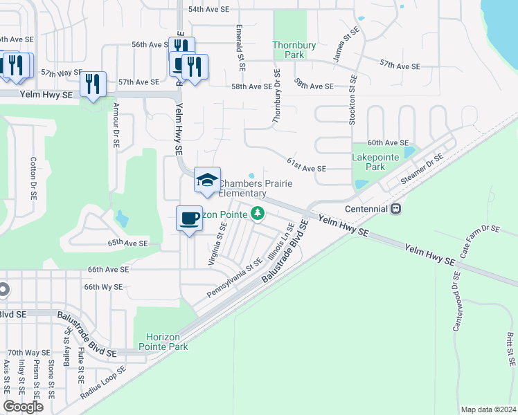 map of restaurants, bars, coffee shops, grocery stores, and more near 5934 Yelm Highway Southeast in Lacey