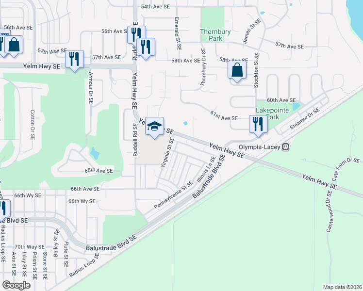 map of restaurants, bars, coffee shops, grocery stores, and more near 5922 Illinois Lane Southeast in Lacey