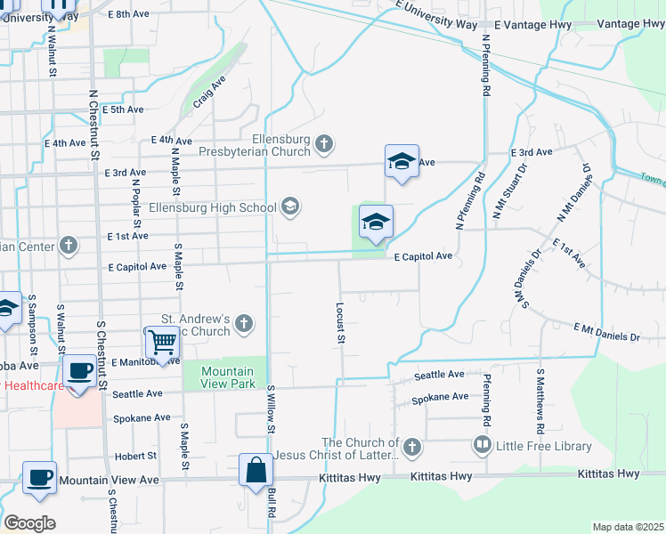 map of restaurants, bars, coffee shops, grocery stores, and more near 201 Locust Street in Ellensburg