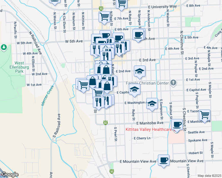 map of restaurants, bars, coffee shops, grocery stores, and more near 101 South Pearl Street in Ellensburg
