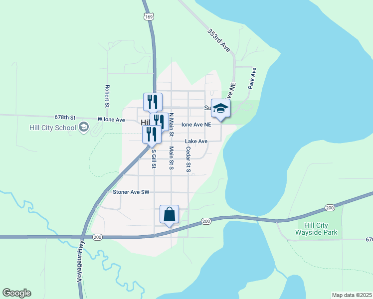 map of restaurants, bars, coffee shops, grocery stores, and more near 143 Cedar Street North in Hill City