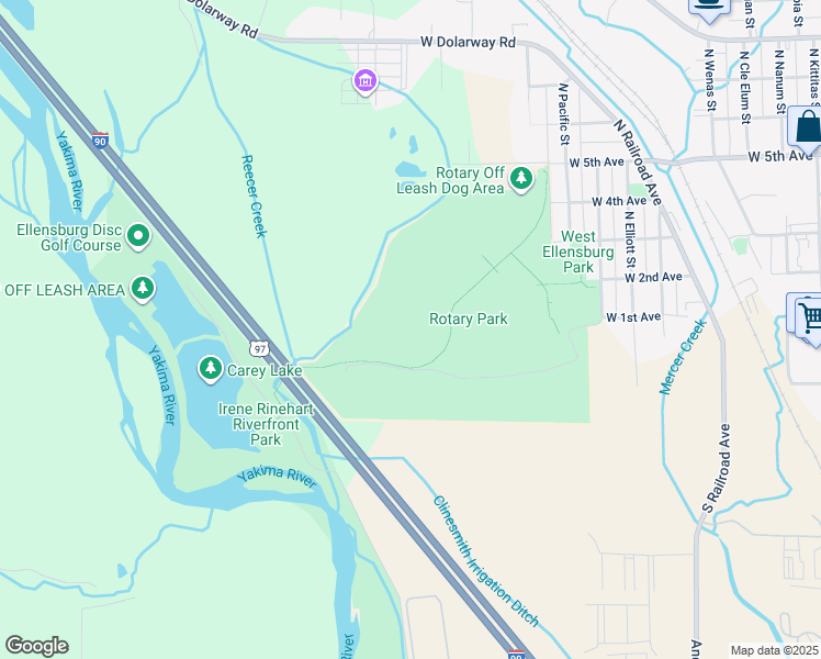 map of restaurants, bars, coffee shops, grocery stores, and more near 1200 West 5th Avenue in Ellensburg