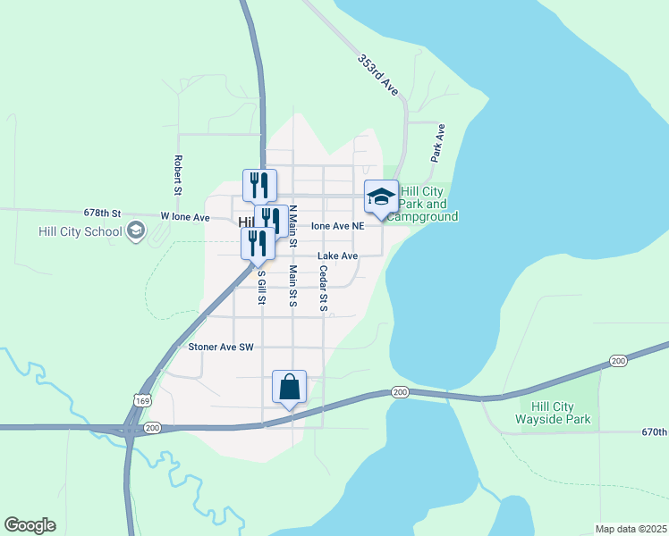 map of restaurants, bars, coffee shops, grocery stores, and more near 143 Cedar Street North in Hill City