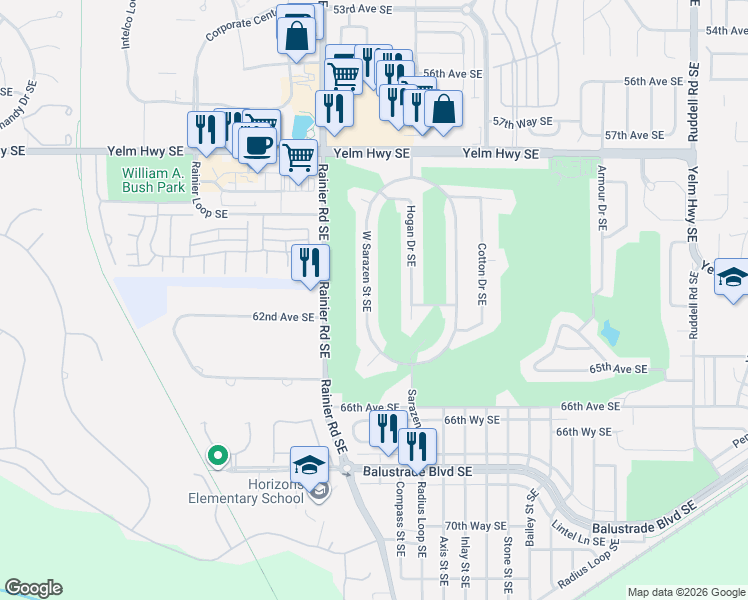 map of restaurants, bars, coffee shops, grocery stores, and more near 6231 West Sarazen Street Southeast in Olympia
