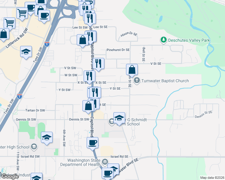 map of restaurants, bars, coffee shops, grocery stores, and more near 233 Y Street Southwest in Tumwater