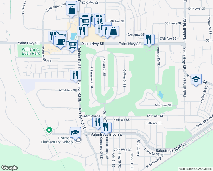 map of restaurants, bars, coffee shops, grocery stores, and more near 6231 Hogan Drive Southeast in Olympia