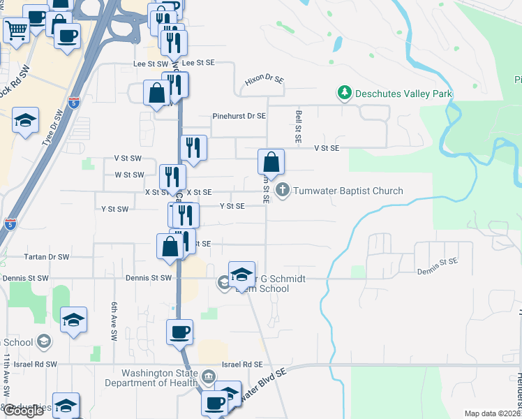 map of restaurants, bars, coffee shops, grocery stores, and more near 6325 Elm Street Southeast in Tumwater
